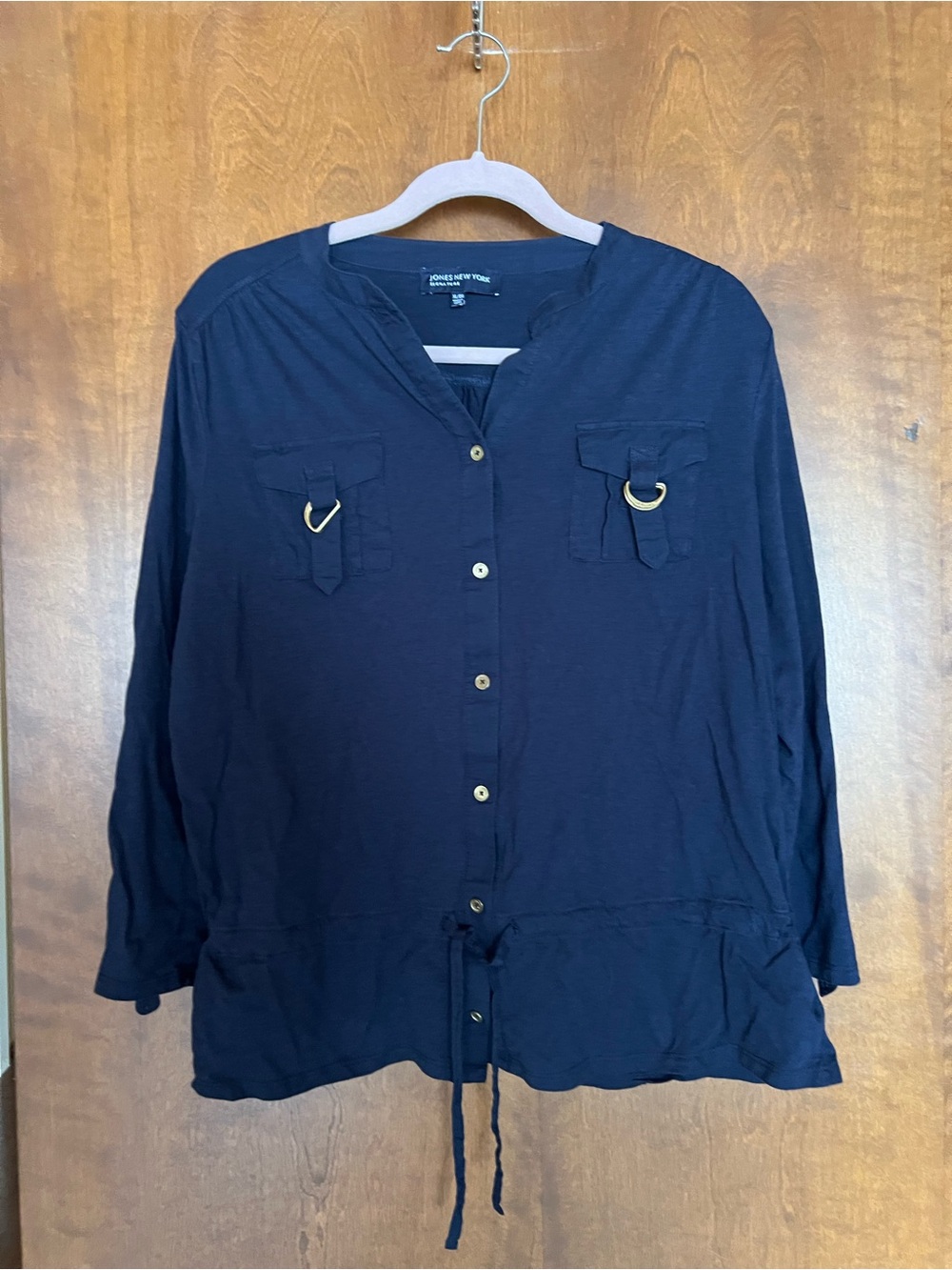 Jones New York Navy Button-Front Drawstring Utility Shirt